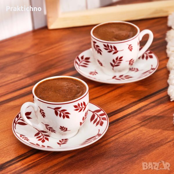 Комплект 2 чаши за кафе с чинийки, ПОРЦЕЛАН, 90 мл - бордо, снимка 1