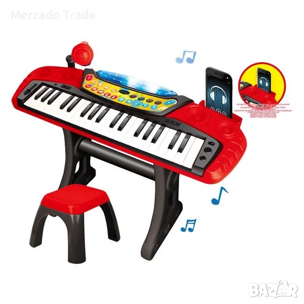 Детска йоника Mercado Trade, С микрофон, столче и светлини, Червен, снимка 1