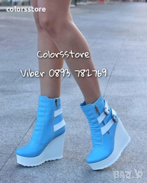Боти на платформа - синя кожа с бяло ходило - B2001 , снимка 1