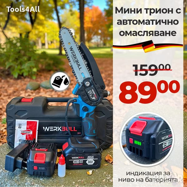 Немска Акумулаторна Мини Резачка/Трион с омасляване, 2 Вериги, снимка 1