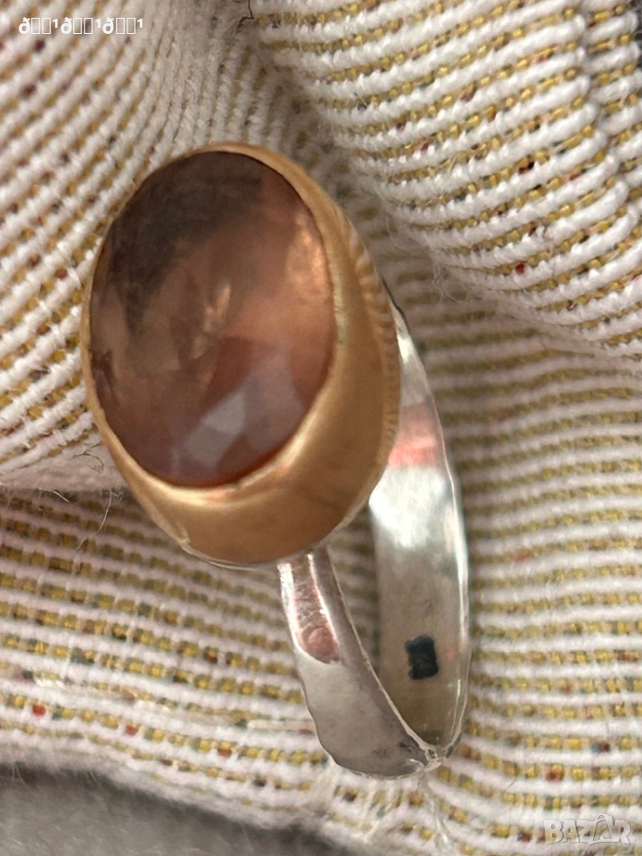 Уникален нов сребърен пръстен с позлата и естеств. камък , снимка 1