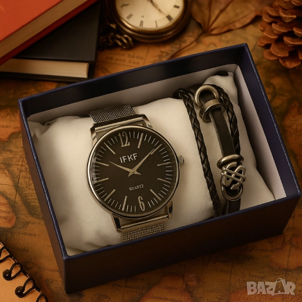 Мъжки комплект – кварцов часовник с метална верижка и стилна гривна в подаръчна кутия, снимка 1