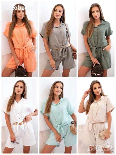 Дамски муселинов комплект от две части с риза и къси панталони с колан, 9цвята , снимка 1