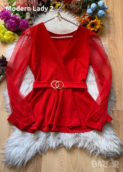 Червена официална блуза пеплум, снимка 1