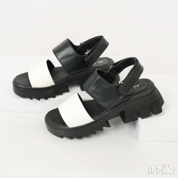 Дамски модни сандали от естествена кожа модел на ПРАДА бяло и черно, снимка 1