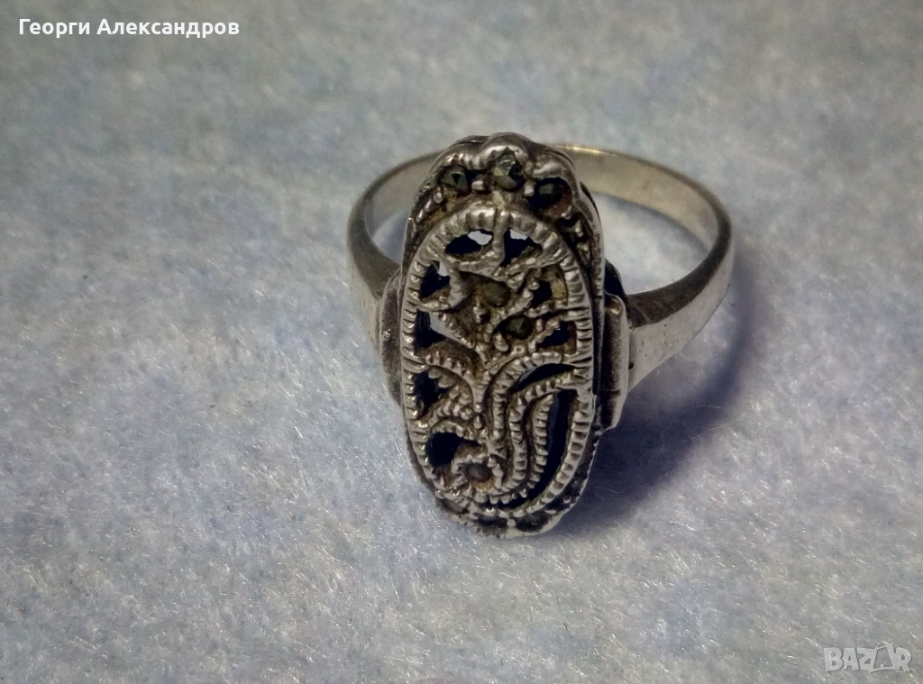 Стар Английски Скъпоценен СРЕБЪРЕН ПРЪСТЕН Сребро 925 с МАРКАЗИТИ, снимка 1
