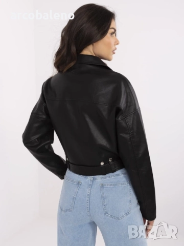 Черно дамско байкерско яке с колан , снимка 2 - Якета - 51746647