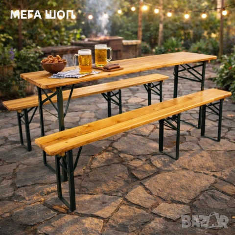 Сгъваем комплект градинска маса с 2 пейки - От чамово дърво, с отвор за чадър