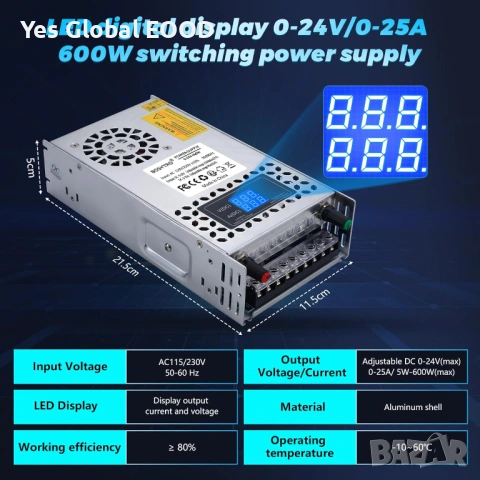 Регулируемо захранване 0-24V 25A 600W дисплей, снимка 6 - Друга електроника - 54134879