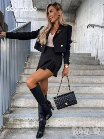 Дамски сет сако с пола панталонки в Бежово и Черно