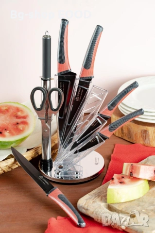 Комплект кухненски ножове от въглеродна стомана от 8 части с ергономични дръжки, черно и червено, снимка 4 - Други - 53744393
