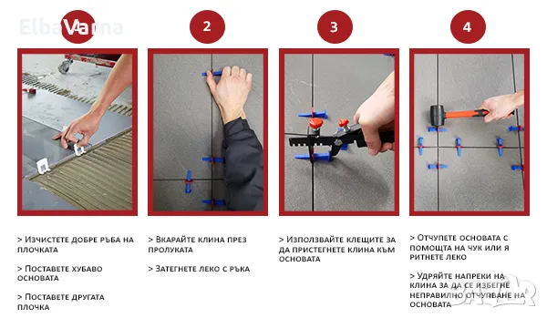 Изравнители за плочки - Комплект – клин 200 бр. + основа 1,5 мм 200 бр., снимка 4 - Други инструменти - 49388653