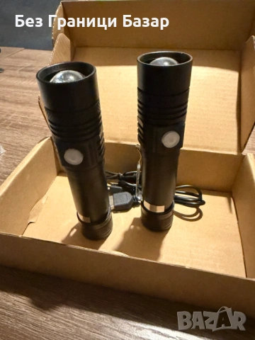Нов Комплект 2 броя USB LED фенерчета – зареждане с кабел, черни, силна светлина