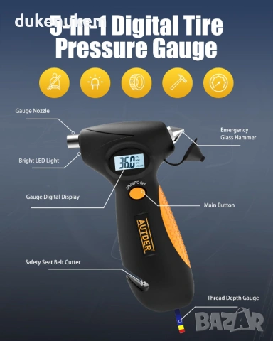 5 в 1 дигитален манометър за гуми с LED и аварийни функции, снимка 2 - Аксесоари и консумативи - 53256516