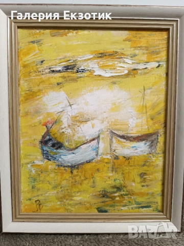 Маслена картина "Абстрактни лодки" с авторско стихче към нея, снимка 4 - Картини - 54152535