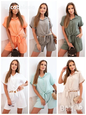 Дамски муселинов комплект от две части с риза и къси панталони с колан, 9цвята 