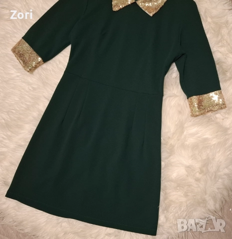 Зелена рокля с акценти от златисти пайети, снимка 5 - Рокли - 52598787