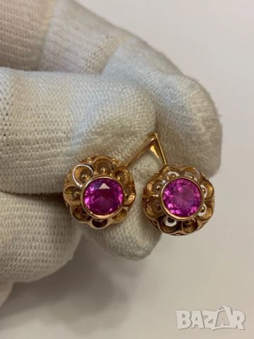 Руски златни обеци с розови камъни, снимка 1 - Обеци - 46320991