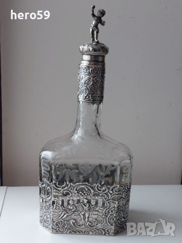 Стара кристална бутилка със сребърен обков-сребро 900