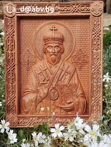 Дърворезбована икона на Св. Мина - авторска дърворезба, снимка 6 - Икони - 47467325