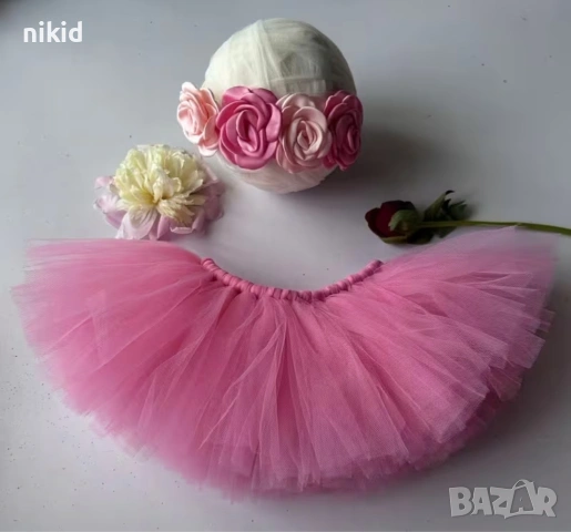 Розова туту пола поличка пачка и лента с пандела за глава за бебе фотосесия фото декор