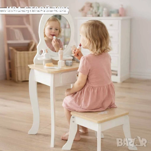 Детска дървена тоалетка с табуретка и аксесоари | Бяла | PraktiHome, снимка 10 - Играчки за стая - 54240286