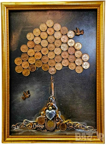 Оригинален подарък за рибар или зодия Риби с Дървото на живота със стотинки и златна риба, снимка 3 - Подаръци за юбилей - 53836250