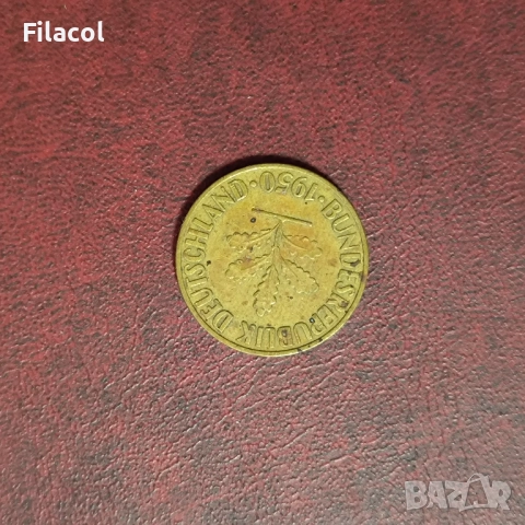 Германия 10 пфенига 1950 година МД 'F' - Щутгарт, снимка 2 - Нумизматика и бонистика - 52920286