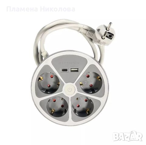 Кръгъл разклонител с ключ Muhler 4 гнезда, 2 USB по-рта тип A+C, снимка 1