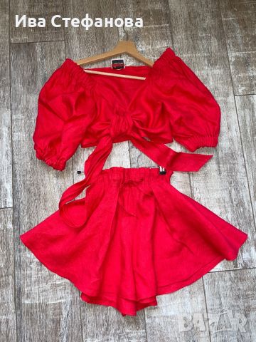 Нов ленен лен червен елегантен сет комплект от широки къси панталони топ бюстие буфан ръкав , снимка 5 - Костюми - 46439102