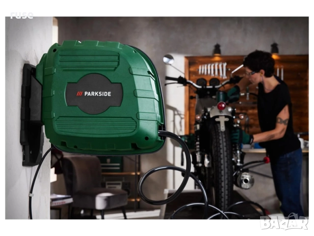 НОВИ! Компресор Parkside 1100 W с автоматична макара с маркуч 10м 8bar, снимка 2 - Компресори - 52519253