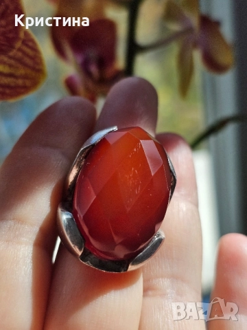 Масивен сребърен пръстен с Карнеол, снимка 2 - Пръстени - 52259169