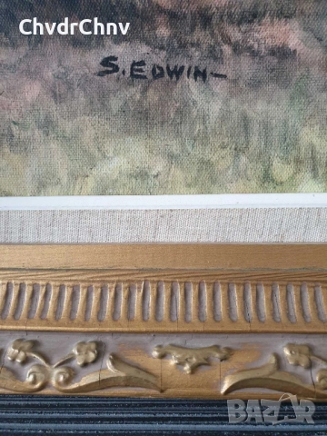 Ritwall 67х57см/стара шведска картина масло върху платно/горски пейзаж-фазани/дървена рамка, снимка 8 - Картини - 51454543