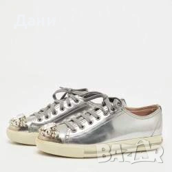  Кецове  Miu Miu Silver Crystal Swarovski Leather Sneakers., снимка 3 - Дамски ежедневни обувки - 26638146