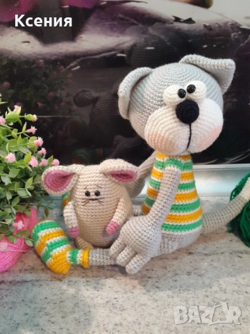 Котка+мишка, плетена, ръчно изработени,прекрасен подарък, снимка 2 - Плюшени играчки - 51977424