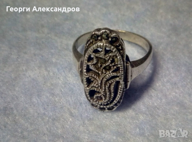Стар Английски Скъпоценен СРЕБЪРЕН ПРЪСТЕН Сребро 925 с МАРКАЗИТИ