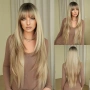 Дълга права синтетична перука 85 см на пластове - русо с кафяви фини кичури, омбре и тъмни корени, снимка 9