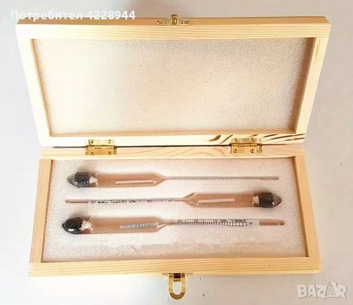 Комплект уреди за мерене на ракия (спиртомери) 3 бр. – 0–40°, 40–70°, 70–100°, в дървена кутия, снимка 1