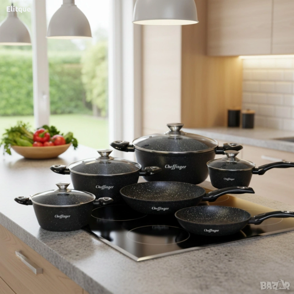 Комплект съдове за готвене Cheffinger от лят алуминий с мраморно покритие – 10 части, снимка 1
