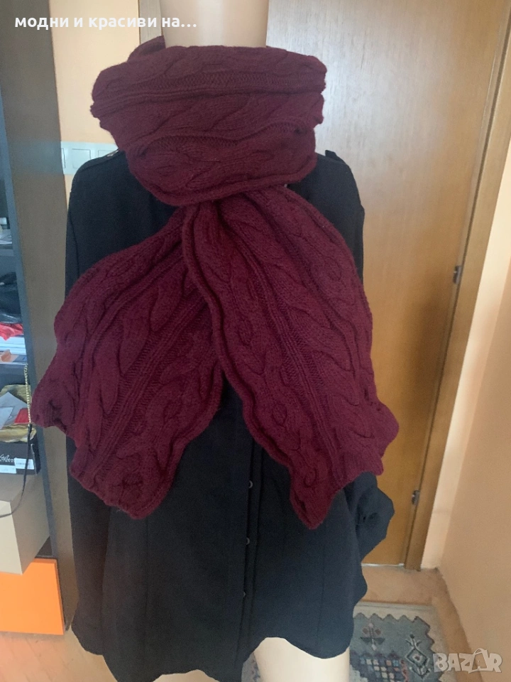 Шал плетиво в цвят бордо, състав вълна, снимка 1