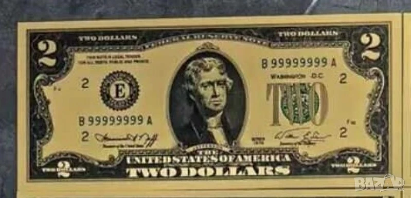   Златна банкнота 2 долара - прекрастно предложение за подарък и пожелание да върви на пари., снимка 1