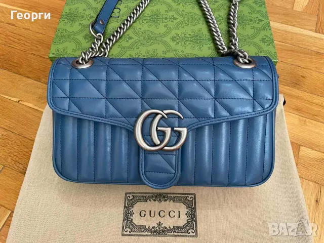 Gucci Малка Чанта Marmont Гучи Синя кожa Сребърно Лого Оригинална, снимка 1 - Чанти - 47003162