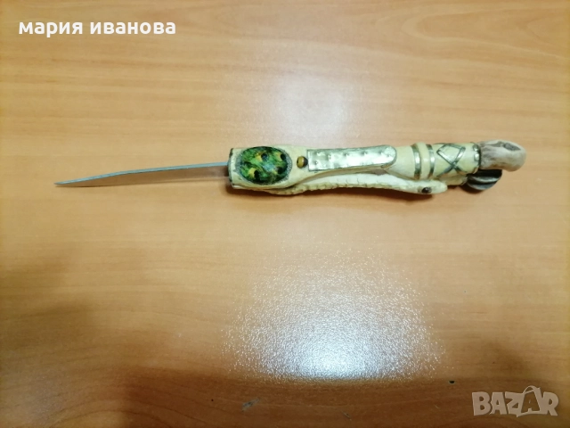 Нож с резбована дръжка чемшир бронз камъни, снимка 3 - Ножове - 52647032