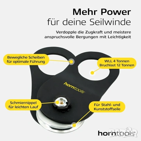 Полиспаст за лебедка 9 тона за стоманени и синтетични въжета, horntools, снимка 3 - Аксесоари и консумативи - 53295071