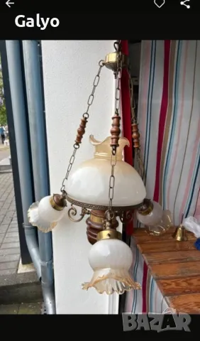 Стар Рустикал Полилей, Лампа, Абажур изработен от дърво, месинг и стъкло