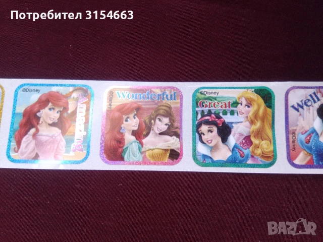 Ролка стикери Дисни принцеси, 200 броя , снимка 5 - Рисуване и оцветяване - 50565338