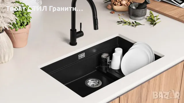 Черна гранитна мивка за монтаж под плот Прага 80 Step Level 560 x 470 мм, снимка 5 - Мивки - 49811764