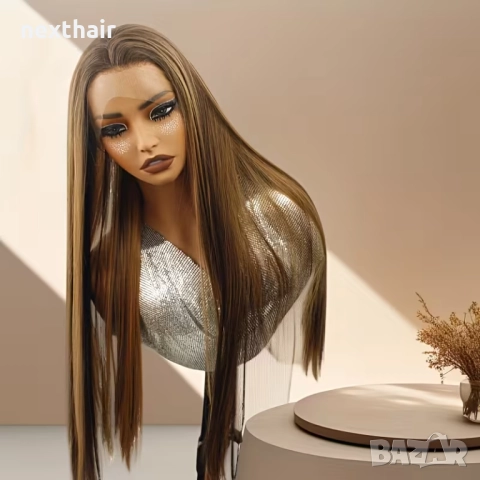 80 см блясък ✨ Кестенява синтетична перука с руси кичури и дантела 13×4, снимка 2 - Аксесоари за коса - 52567597