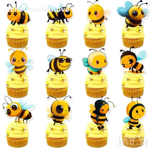 12 броя пчели пчелички картонени топери за декорация на торта мъфини