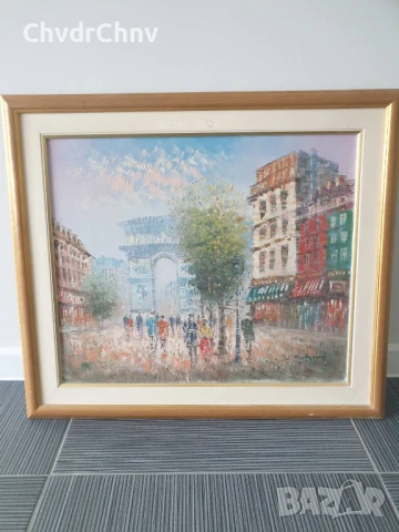 77х67см/голяма картина масло върху платно/градски пейзаж-Париж/дървена рамка